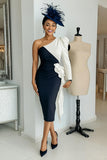 Black and White One Shoulder Bodycon Midi Mother Of The Bride Dress with Sash