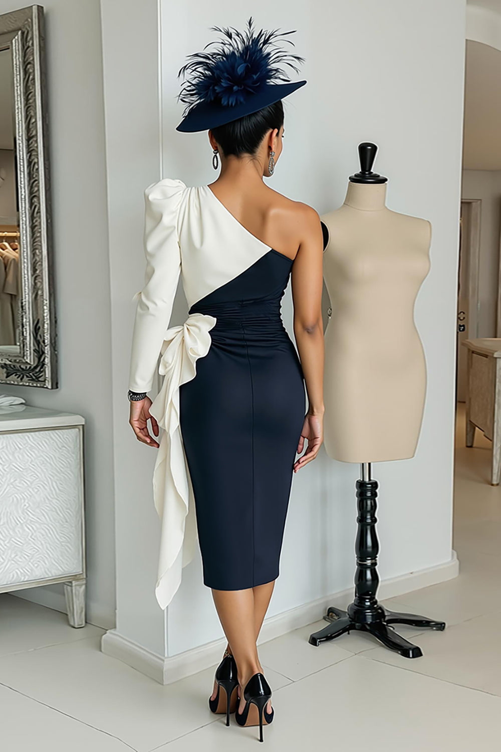 Black and White One Shoulder Bodycon Midi Mother Of The Bride Dress with Sash