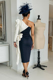 Black and White One Shoulder Bodycon Midi Mother Of The Bride Dress with Sash