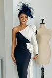 Black and White One Shoulder Bodycon Midi Mother Of The Bride Dress with Sash