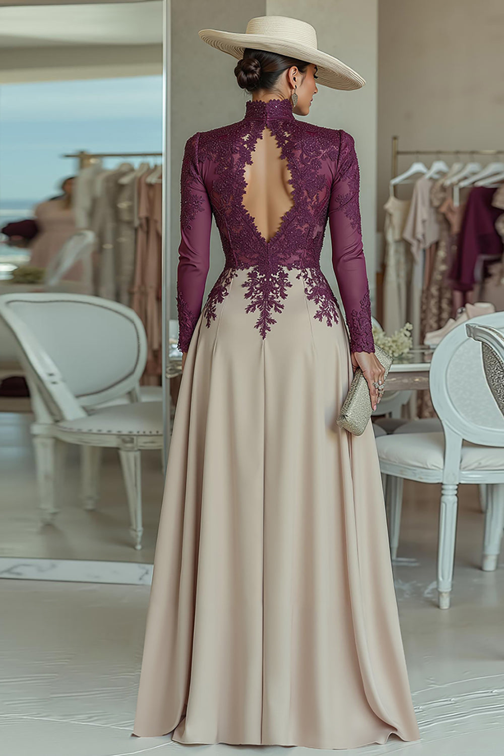 Purple Apricot High Neck Appliqued Mother of the Bride Jumpsuits with Keyhole