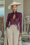 Purple Apricot High Neck Appliqued Mother of the Bride Jumpsuits with Keyhole