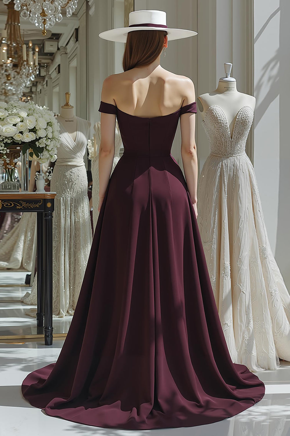 Cabernet A Line Off the Shoulder Long Satin Mother Of The Bride Dress