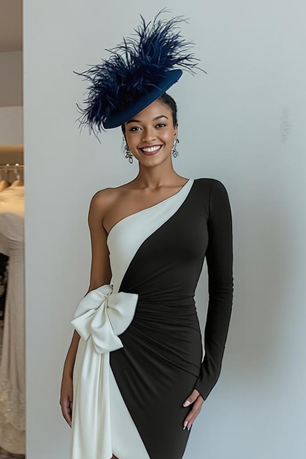 Black Bodycon One Shoulder Midi Mother Of The Bride Dress with Bow