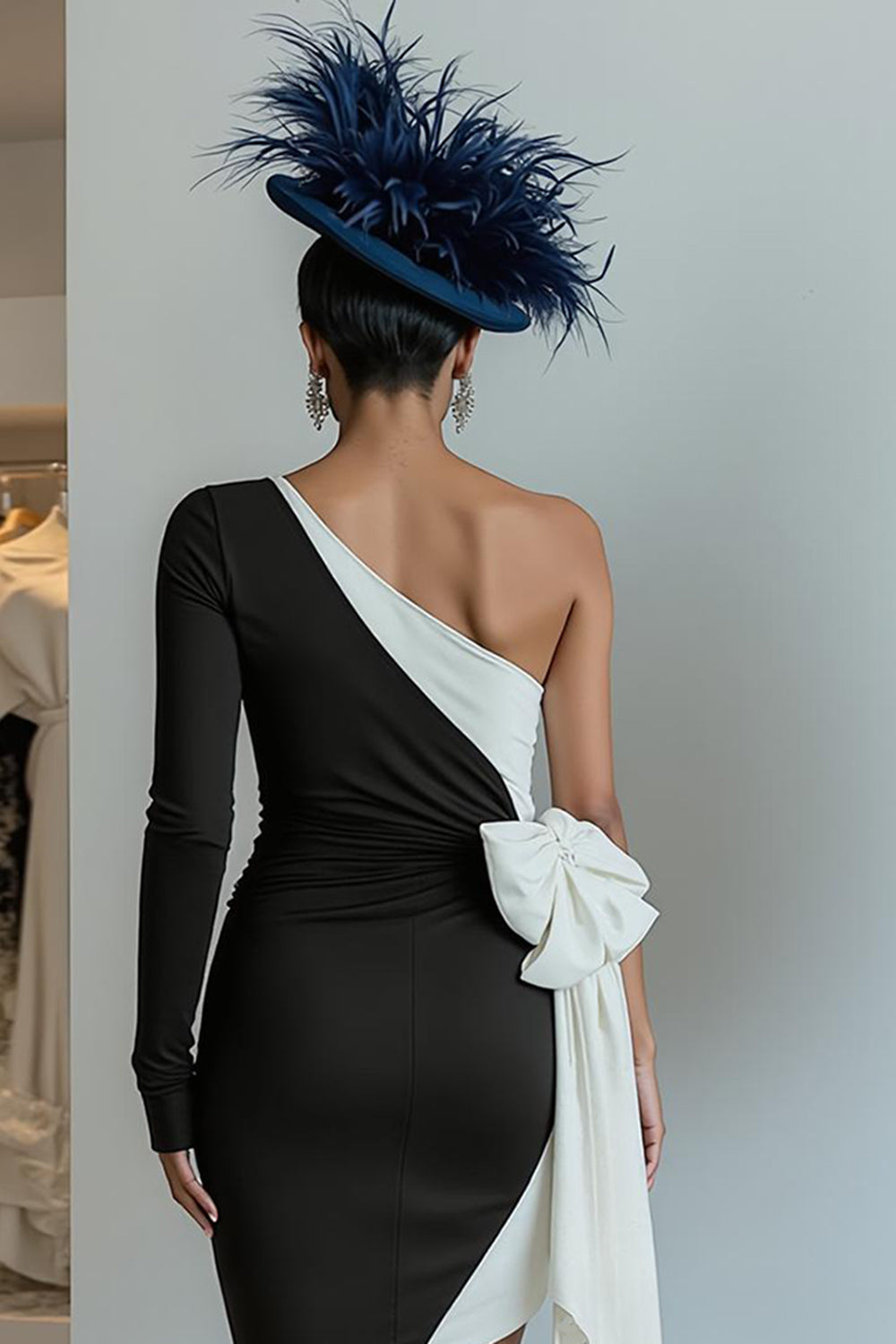 Black Bodycon One Shoulder Midi Mother Of The Bride Dress with Bow