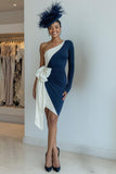 Black Bodycon One Shoulder Midi Mother Of The Bride Dress with Bow
