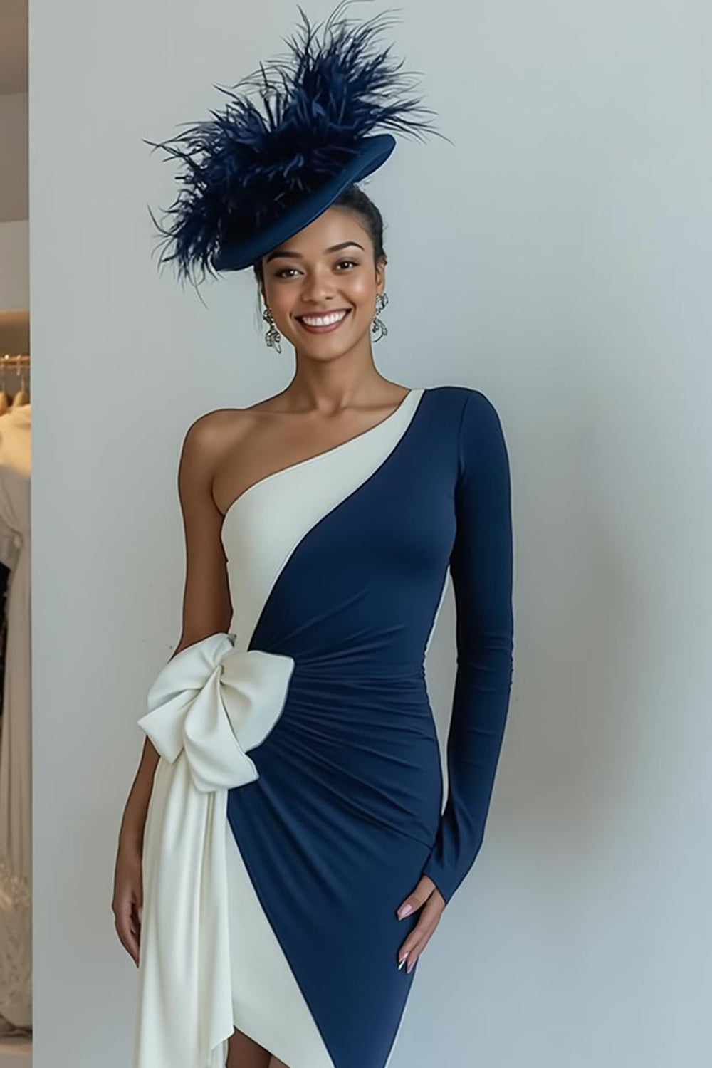 Black Bodycon One Shoulder Midi Mother Of The Bride Dress with Bow