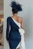 Black Bodycon One Shoulder Midi Mother Of The Bride Dress with Bow