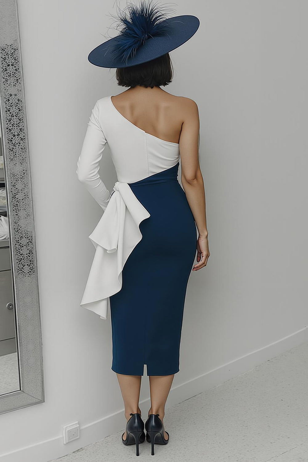 Black and White One Shoulder Bodycon Long Mother Of The Bride Dress with Sash