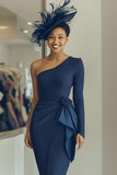 White Navy One Shoulder Bodycon Midi Mother Of The Bride Dress with Sash