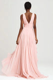 Pink A Line Ruffled Chiffon Long Formal Dress with Slit