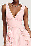 Pink A Line Ruffled Chiffon Long Formal Dress with Slit