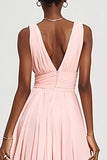 Pink A Line Ruffled Chiffon Long Formal Dress with Slit