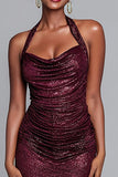 Sparkly Burgundy Halter Ruched Mermaid Long Formal Dress