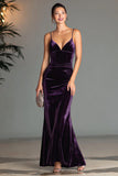 Purple Velvet Sheath Spaghetti Straps Long Formal Dress