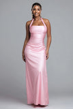 Halter Pink Satin Sheath Long Formal Dress