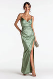Sage Green Satin Sheath Spaghetti Straps Long Formal Dress with Slit
