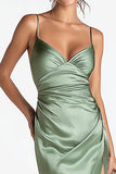 Sage Green Satin Sheath Spaghetti Straps Long Formal Dress with Slit