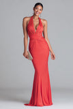Watermelon Halter Mermaid Ruched Long Formal Dress