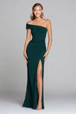 Dark Green One Shoulder Mermaid Formal Dress With Slit