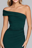 Dark Green One Shoulder Mermaid Formal Dress With Slit