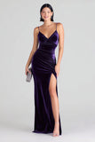 Purple Velvet Sheath Spaghetti Straps Long Formal Dress with Slit