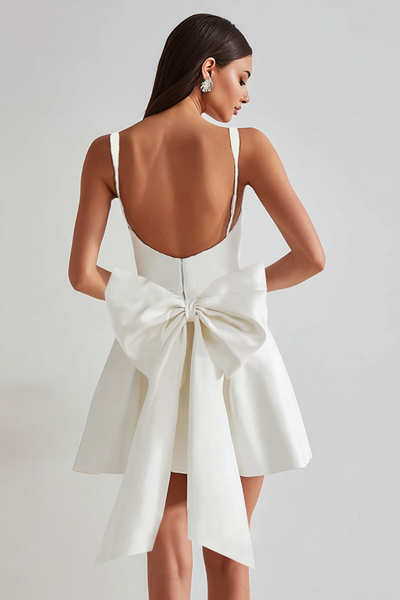 short white dress with big bow on back ZAPAKA Women White Short Homecoming Dress with Back Giant Bow Vintage A Line Square Neck Backless Cocktail Dress, Ivory / US16