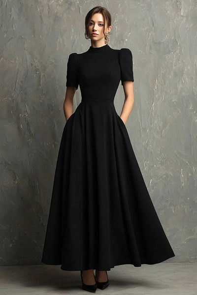 long black formal dress with pockets ZAPAKA Women A-Line High Neck Short Sleeve Evening Dress Pockets, Black / US26W NEW-IN-APR2026