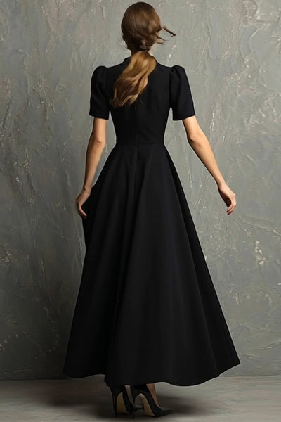 ZAPAKA Women Black A-Line Formal Dress High Neck Short Sleeve Long Evening Dress With Pockets, Black / US26W