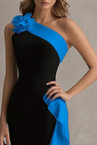 Mermaid One Shoulder Black and Blue Formal Dress With Ruffles