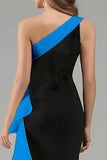 Mermaid One Shoulder Black and Blue Formal Dress With Ruffles