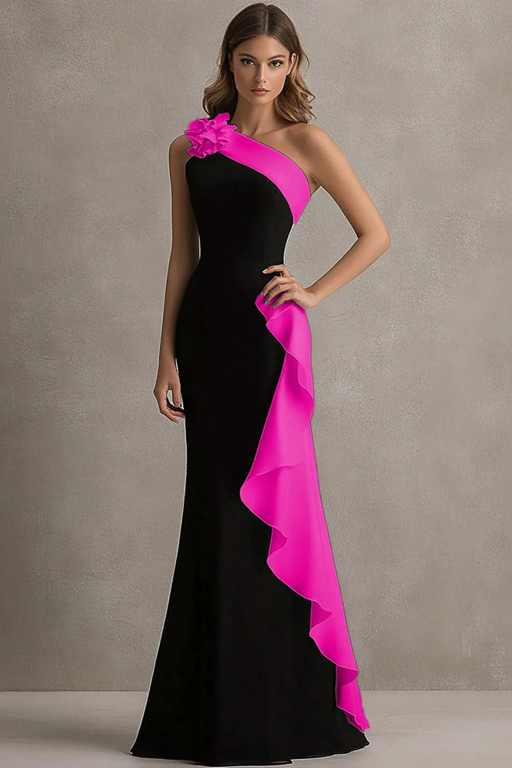 Mermaid One Shoulder Black and Blue Formal Dress With Ruffles