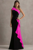 Mermaid One Shoulder Black and Blue Formal Dress With Ruffles