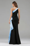 Mermaid One Shoulder Black and Blue Formal Dress With Ruffles