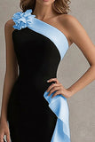 Mermaid One Shoulder Black and Blue Formal Dress With Ruffles