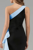 Mermaid One Shoulder Black and Blue Formal Dress With Ruffles