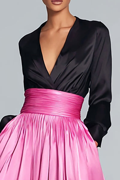 Zapaka Women Black and Fuchsia Formal Dress V-Neck A Line Long Sleeve  Evening Dress – ZAPAKA