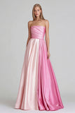 Pink A Line Satin Strapless Patchwork Long Formal Dress