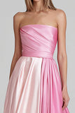 Pink A Line Satin Strapless Patchwork Long Formal Dress