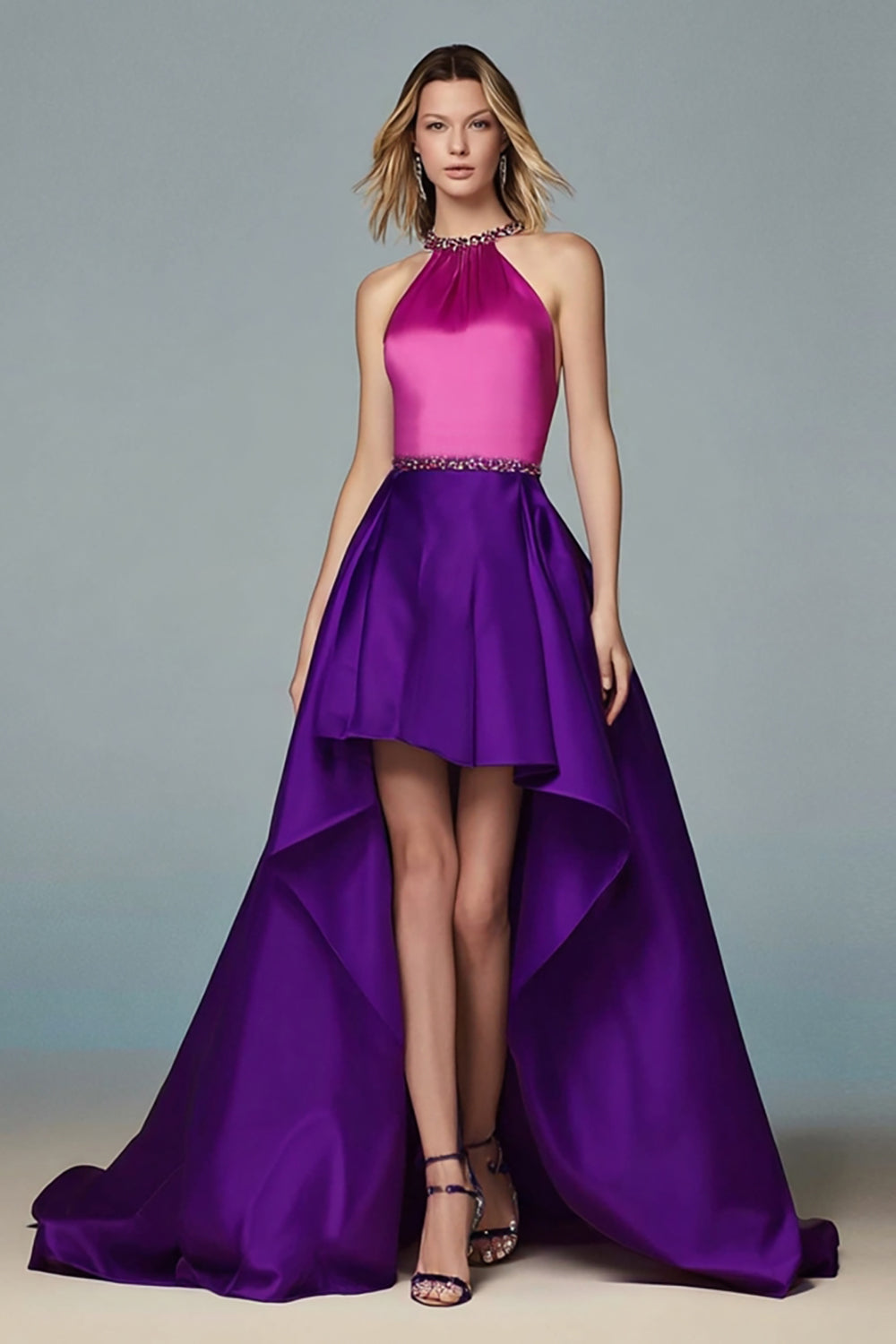 Sparkly Fuchsia and Purple High Low Halter Beaded Formal Dress