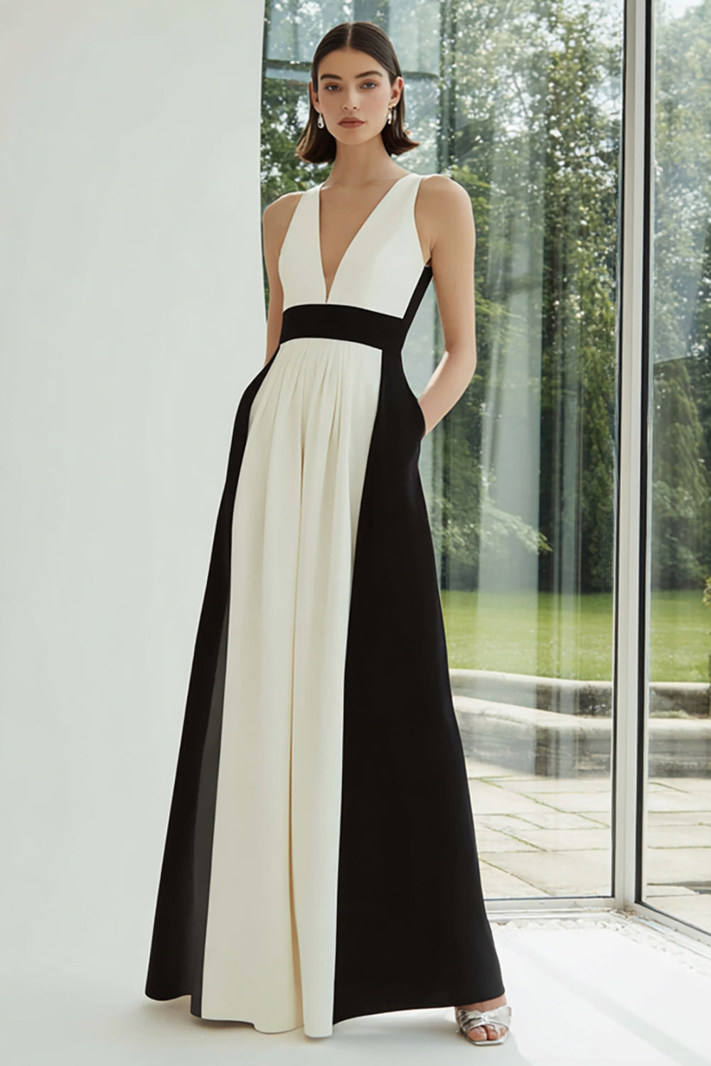 Black and White A Line V-Neck Long Formal Dress with Pockets