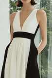 Black and White A Line V-Neck Long Formal Dress with Pockets