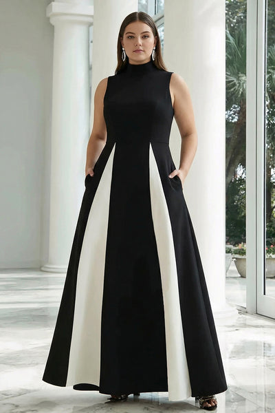 black and white formal dresses plus size Zapaka Women Dress A-Line High Neck Long Evening Dress with Pockets, Black and White / US24W social