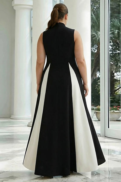 Zapaka Women Plus Size Black and White Formal Dress A-Line High Neck Long Evening Dress with Pockets, Black and White / US24W