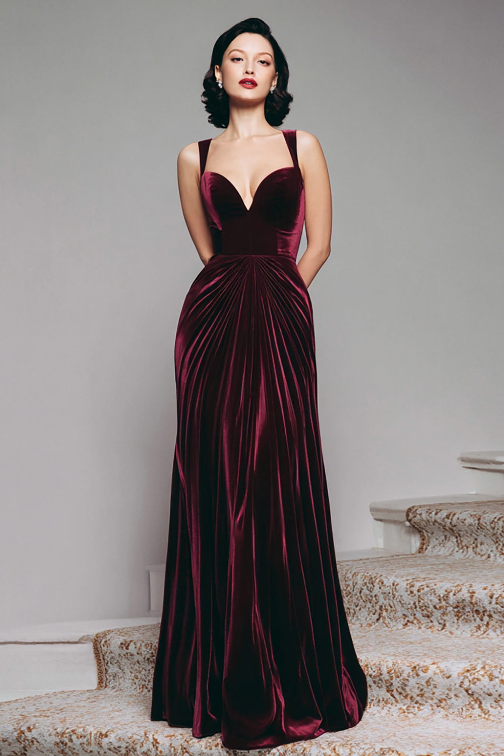 Burgundy Sheath Velvet Long Formal Dress