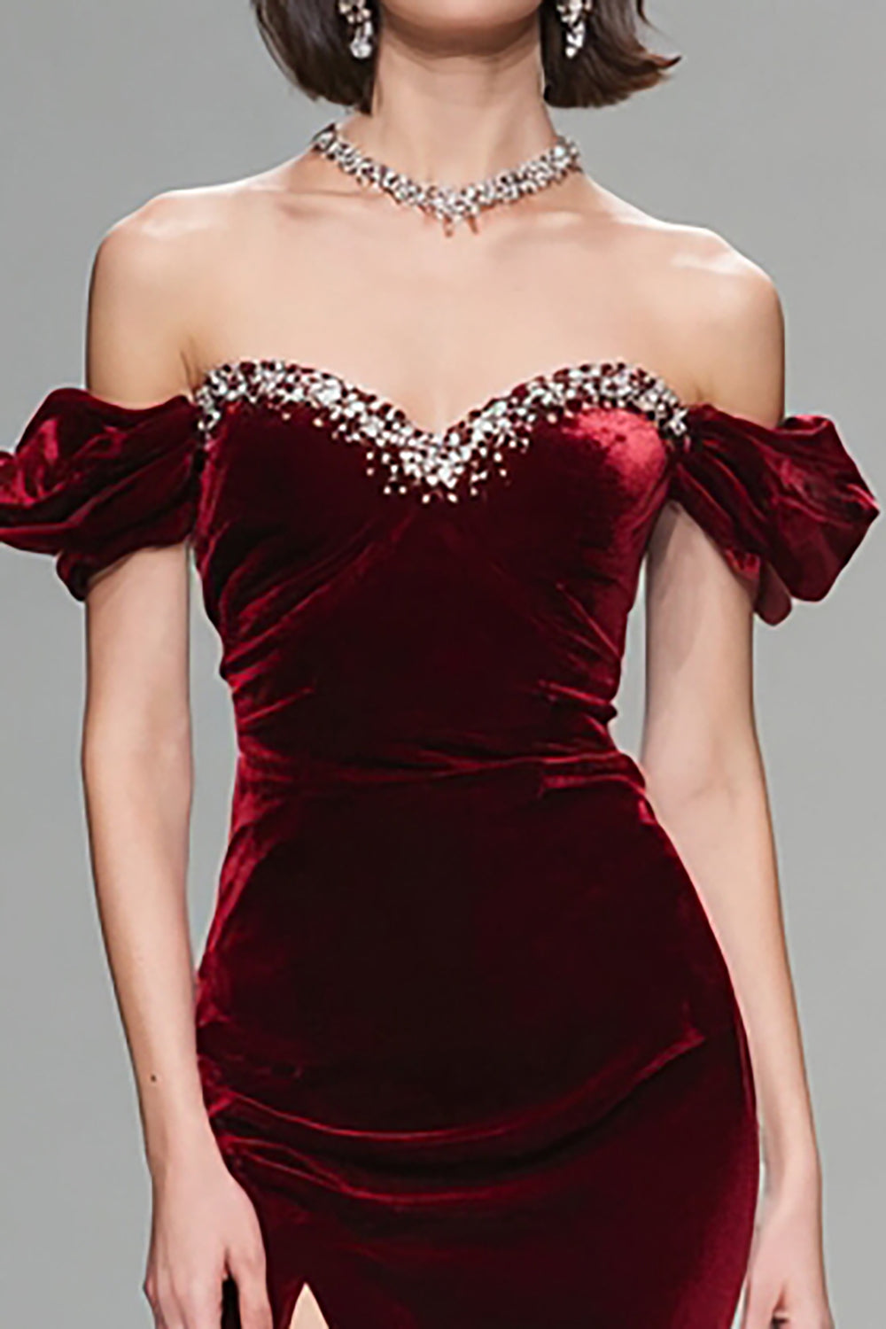 Sparkly Burgundy Velvet Off the Shoulder Long Formal Dress