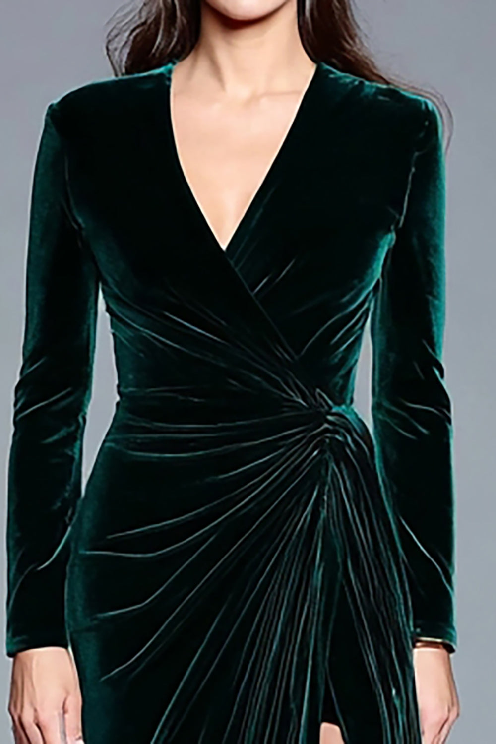 Dark Green Velvet V-Neck Long Sleeve Formal Dress with Slit