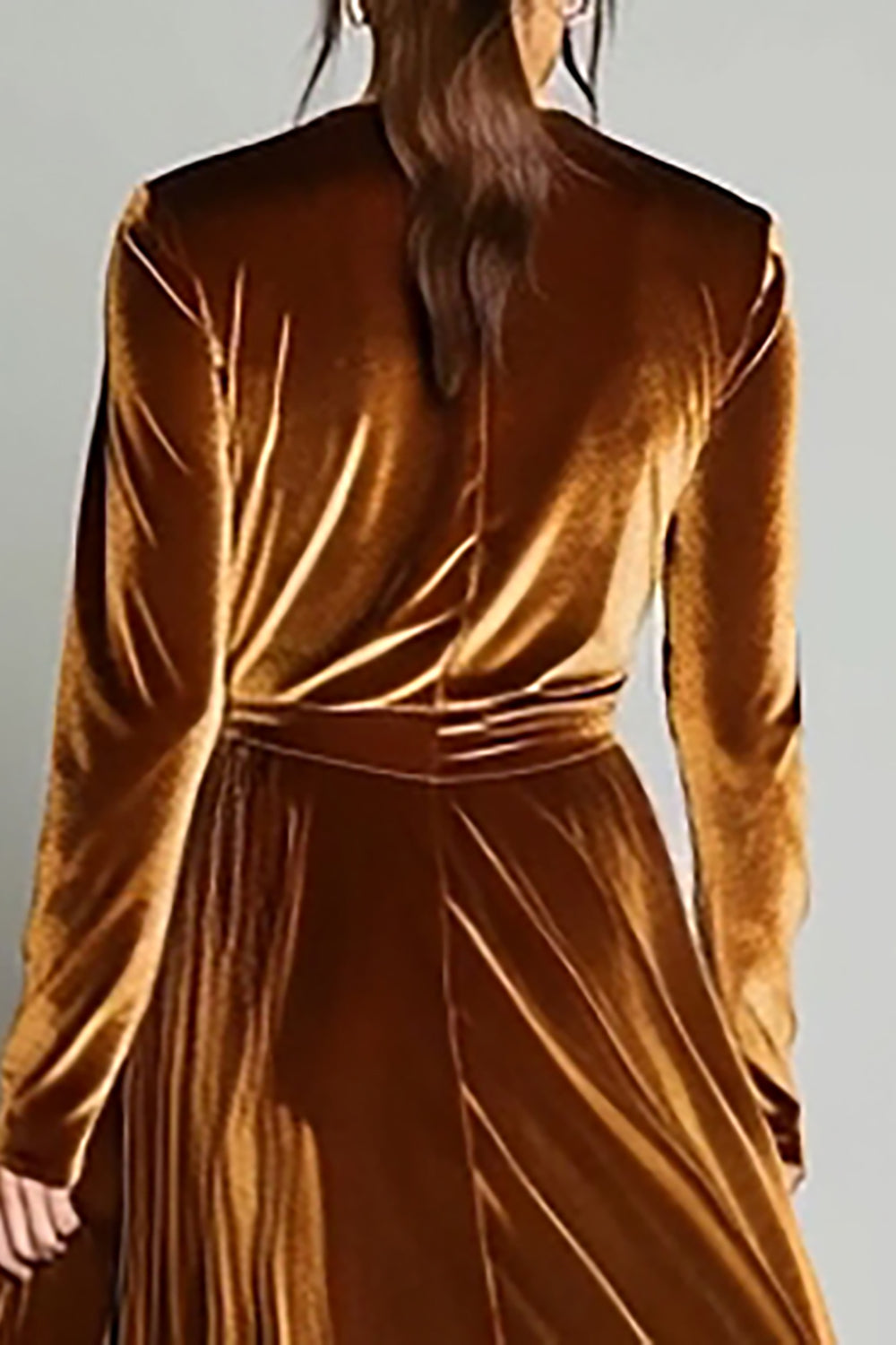Brown Velvet A Line Ruched Long Formal Dress with Long Sleeves