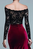 Black and Burgundy Off The Shoulder Velvet Long Sleeves Formal Dress with Lace