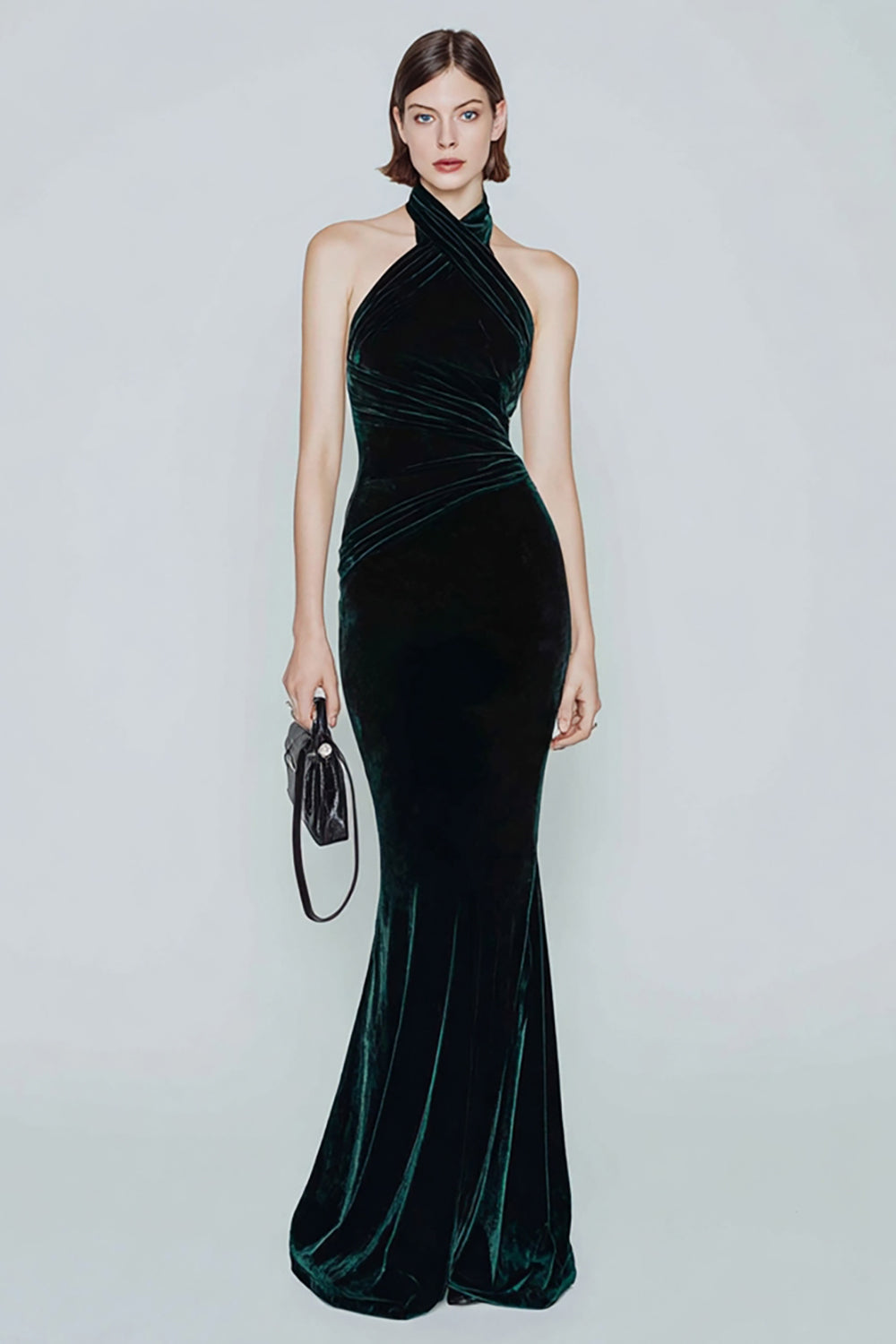 Dark Green Halter Velvet Mermaid Long Formal Dress
